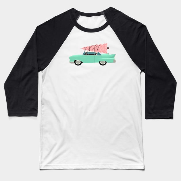 Aqua car with pink Christmas tree Baseball T-Shirt by jenblove